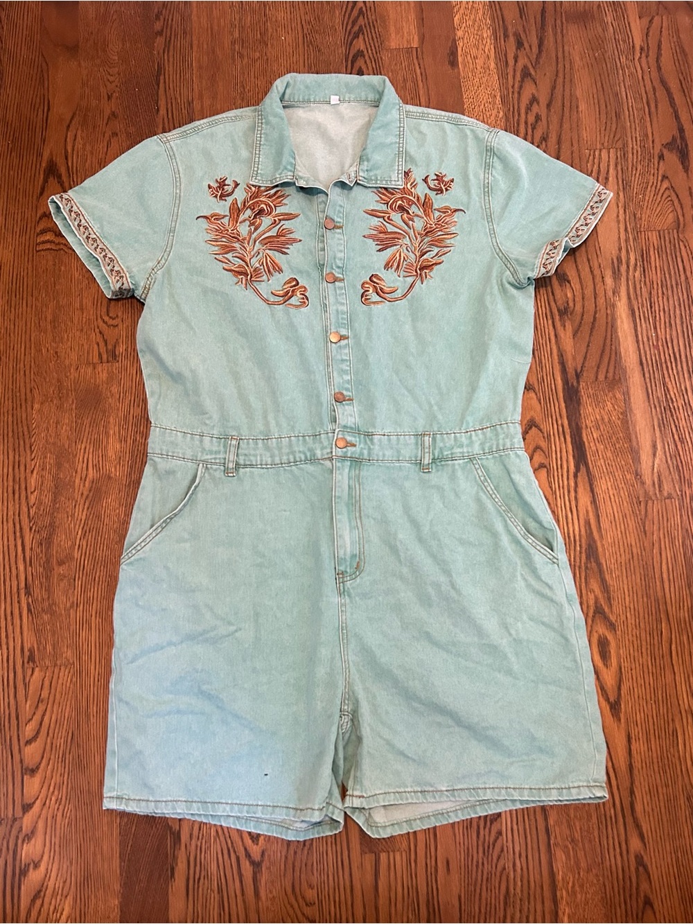 Source Unknown Mint Green Denim Short Romper with Orange-Brown Floral Embroidery